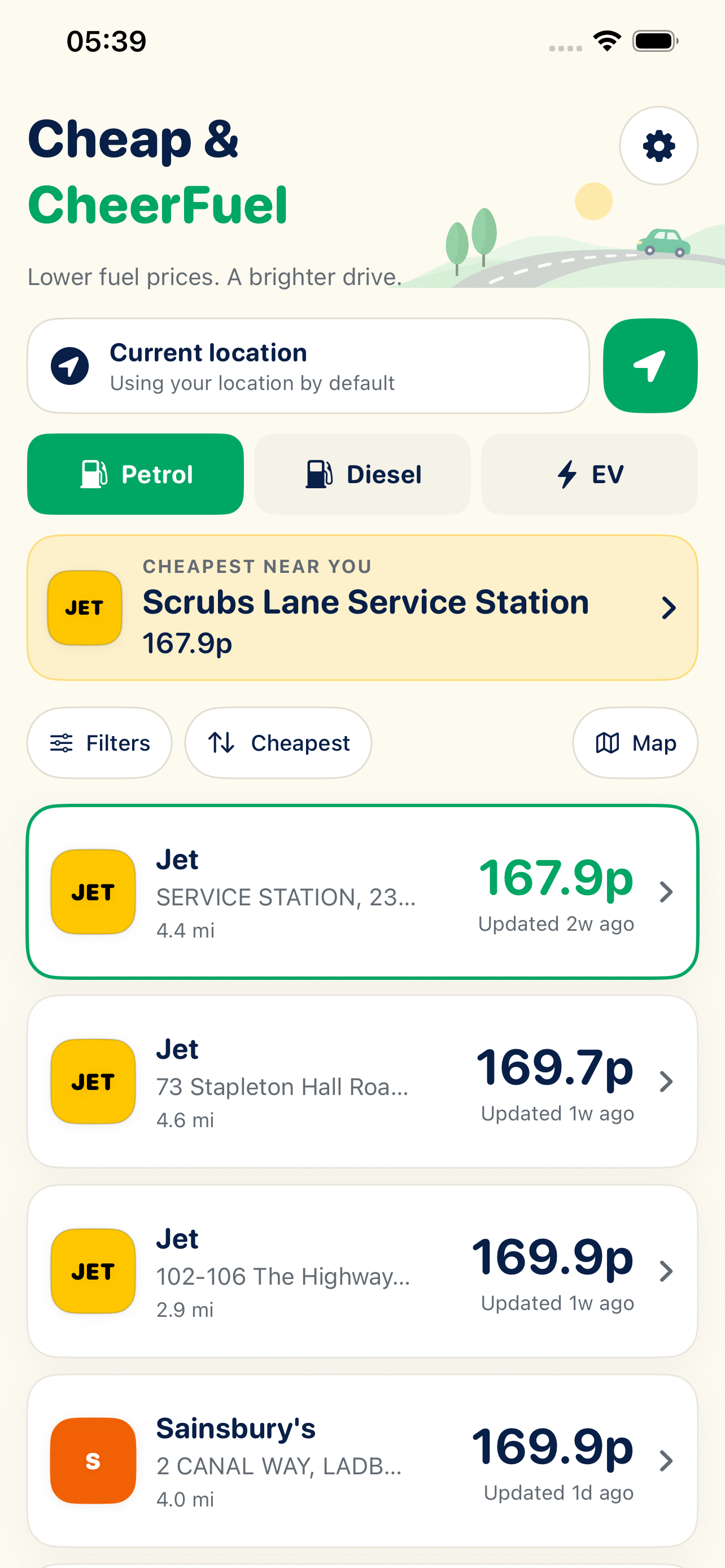 Current-location petrol results