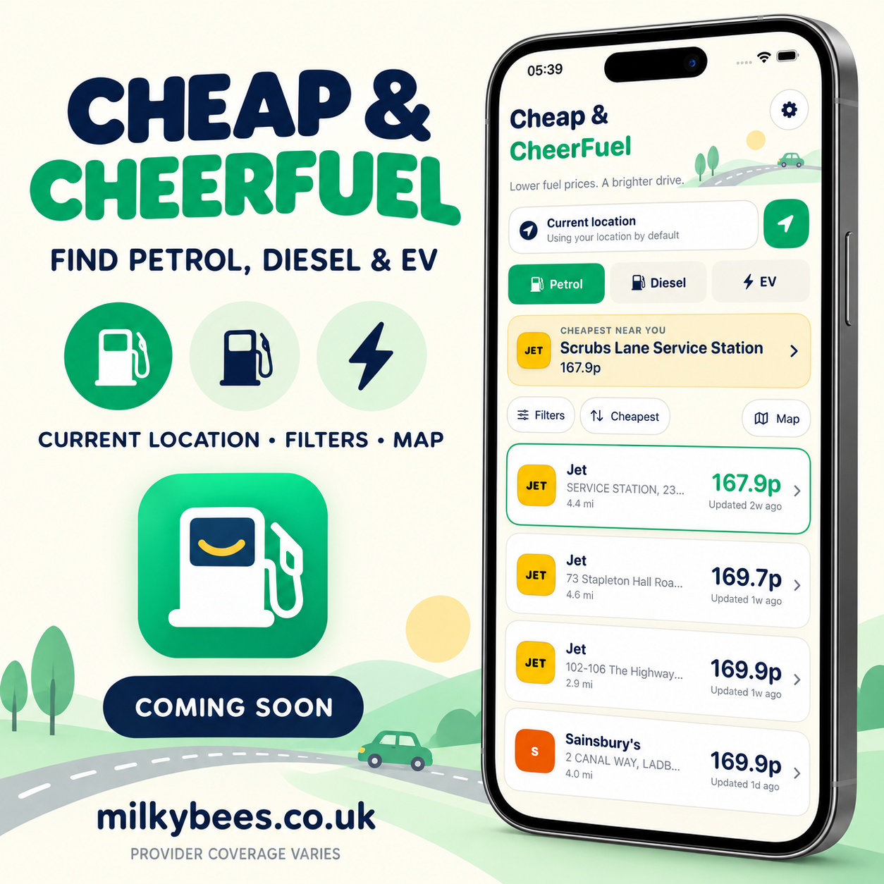 Cheap & CheerFuel Coming Soon promotional artwork showing petrol, diesel and EV search